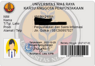 Halaman Depan Kartu Anggota Perpustakaan Universitas Nias Raya